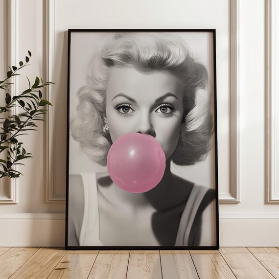 Pop Art Woman Poster Print Vibrant Pink On Black And White Bubblegum