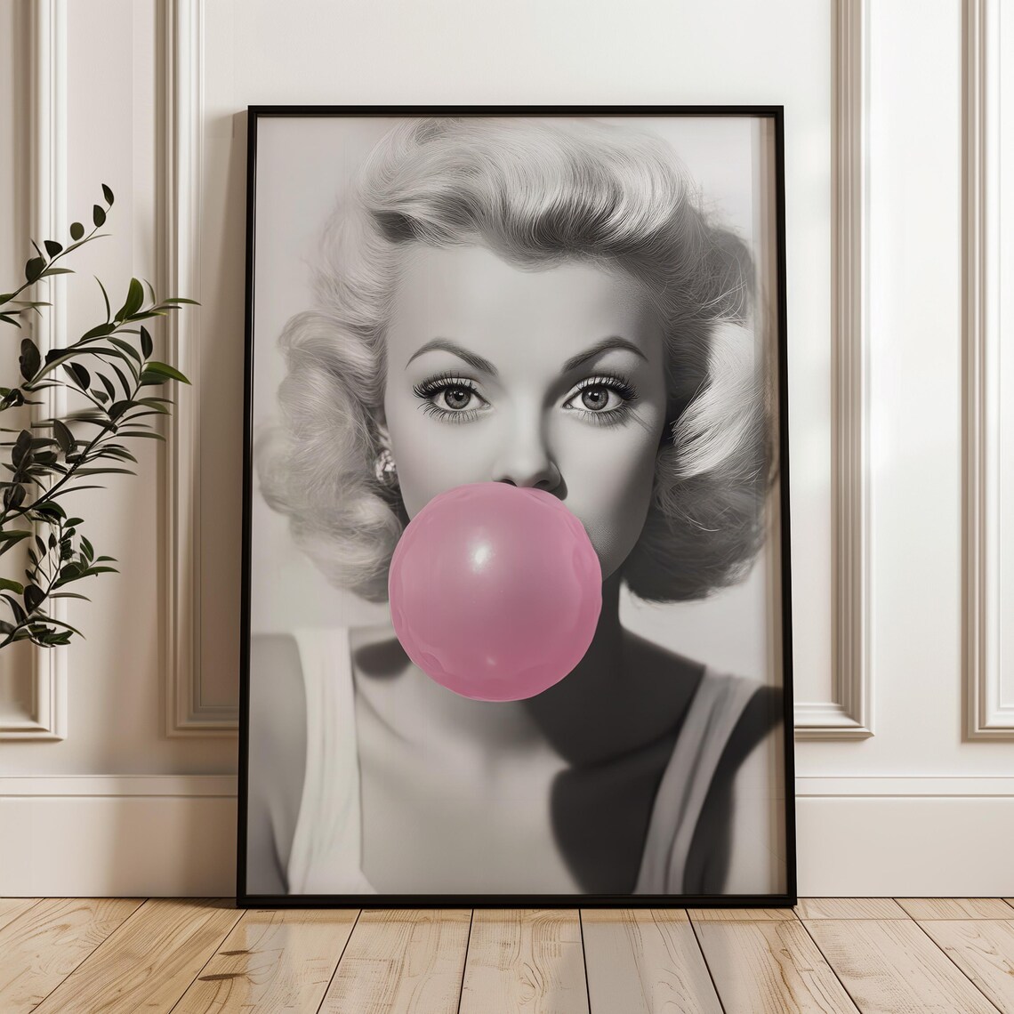 Vintage Hollywood Starlet Blowing Pink Bubblegum Black And White Poster