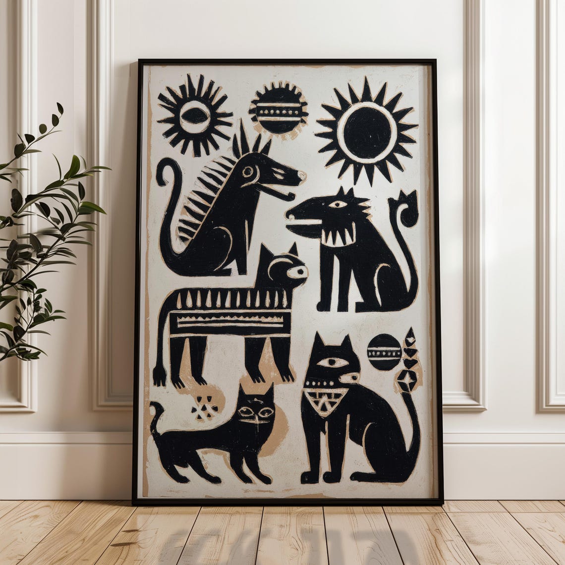 Black Beige Folk Art Cats Dogs Suns Bold Tribal Style Wall Poster