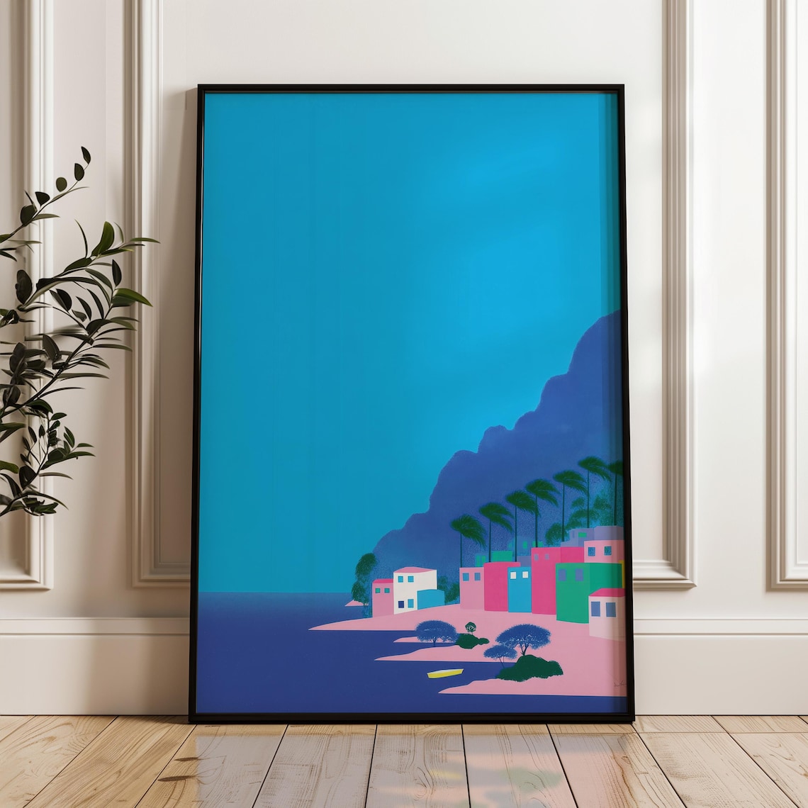 Minimalist Coastal Town Pop Art Blue and Pink Landscape Wall Art