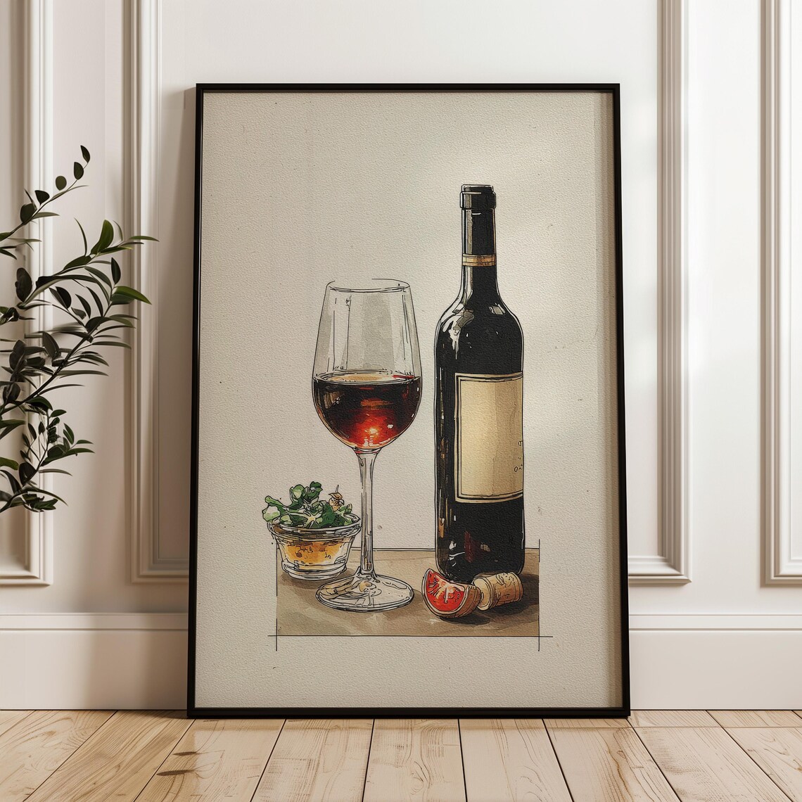 Wine Glass Bottle Still Life Sketch Red Wine Cork Rustic Kitchen Bar Art Poster