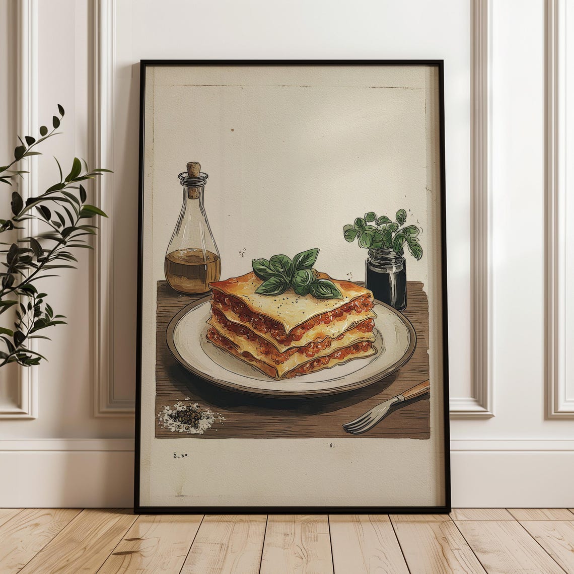 Lasagna With Basil Hand Drawn Watercolor Italian Kitchen Poster