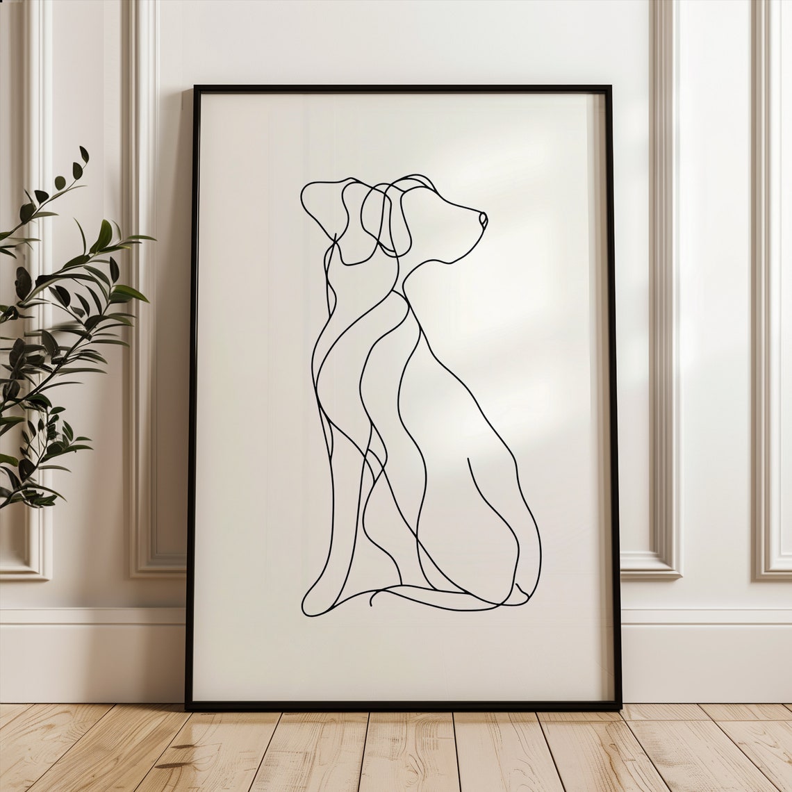 Minimalist Single Line Sitting Dog Sketch Black White Art Print