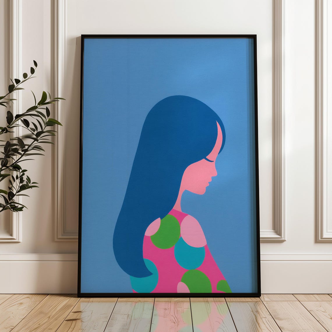 Woman with Long Blue Hair Polka Dot Dress Pop Art Wall Poster