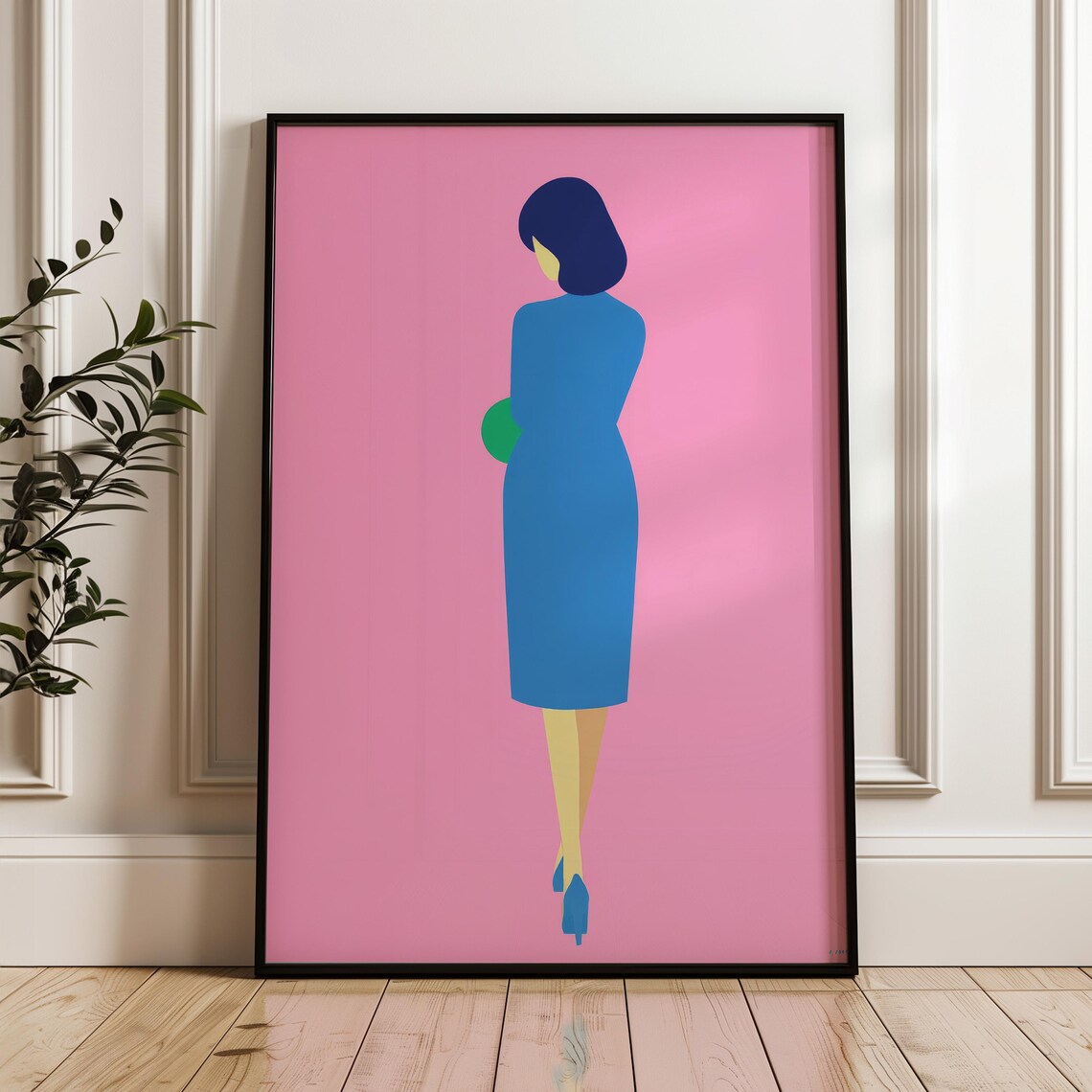 Elegant Woman Blue Dress Pink Background Minimal Fashion Poster