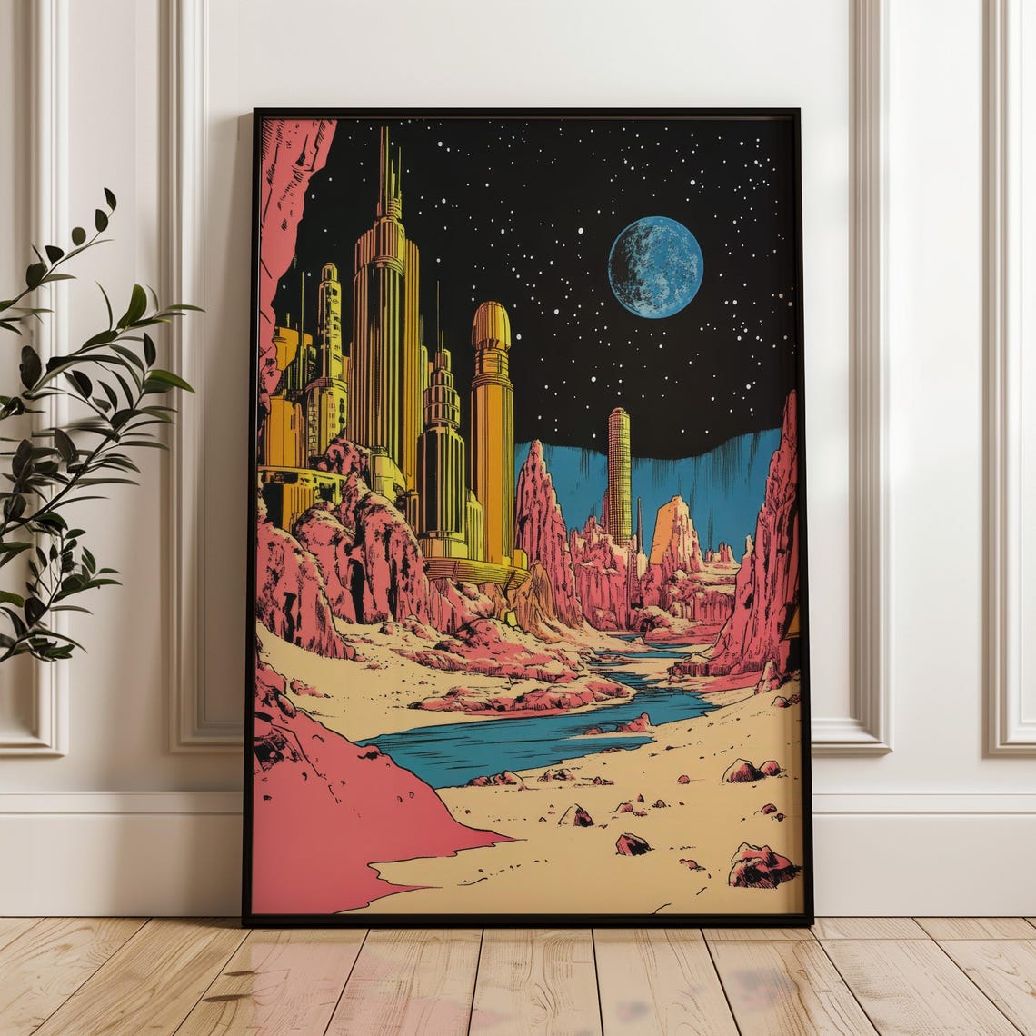 Alien City Golden Towers Blue Moon Retro Sci Fi Space Comic Poster
