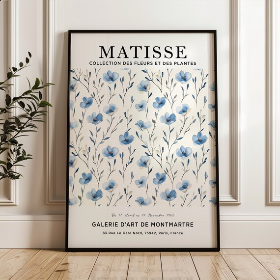 Matisse Style Blue Flower Exhibition Botanical Watercolor Art Poster