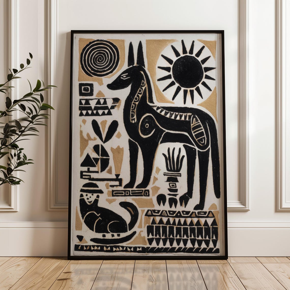 Black And Gold Stylized Antelope Sun Abstract Folk Art Poster