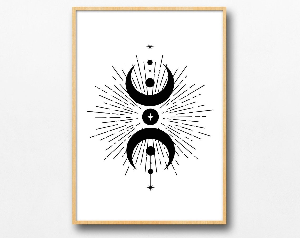 Symmetrical Celestial Crescent Moon Radiant Boho Line Art Poster