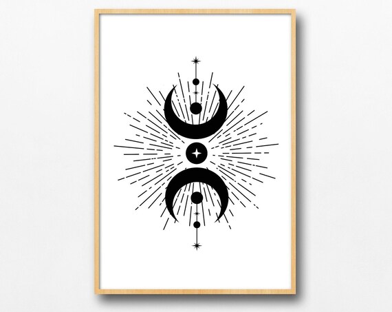 Symmetrical Celestial Crescent Moon Radiant Boho Line Art Poster
