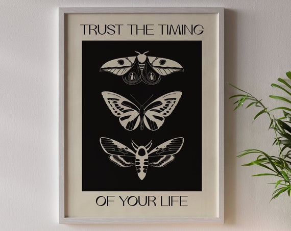 Butterfly Trust The Timing Art Vintage Print Poster Botanical Black And White Insects Spiritual Home Decor Artwork