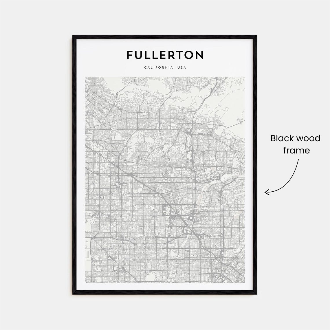 Fullerton California Minimalist Street Map Black and White Poster - Image 3