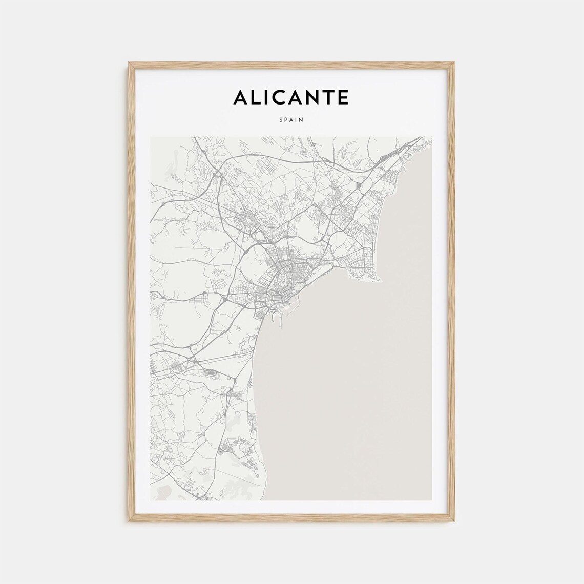 Alicante Spain Minimal Street Map Black and White Coastal City Poster