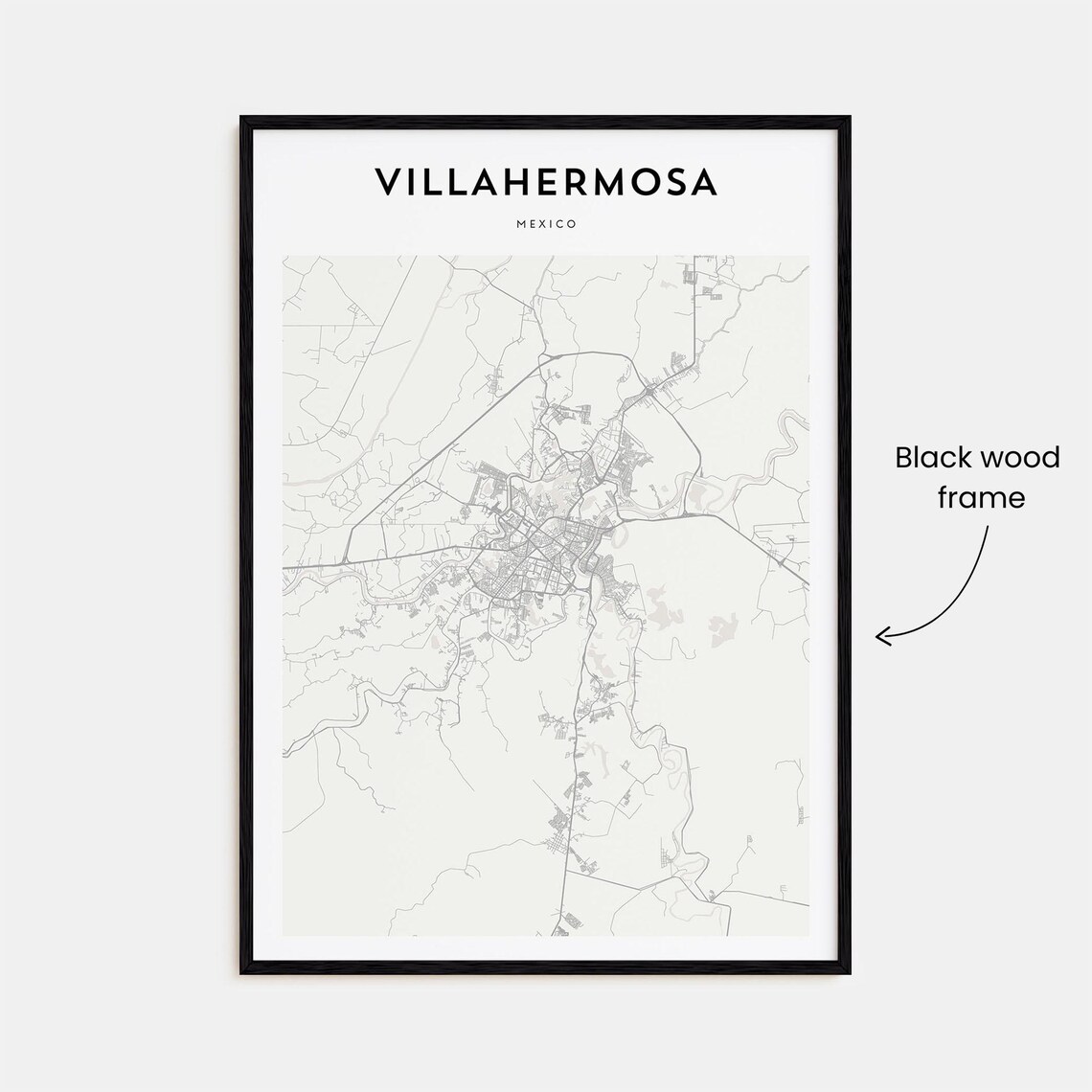 Villahermosa Mexico Minimalist Black White City Street Map Print - Image 3