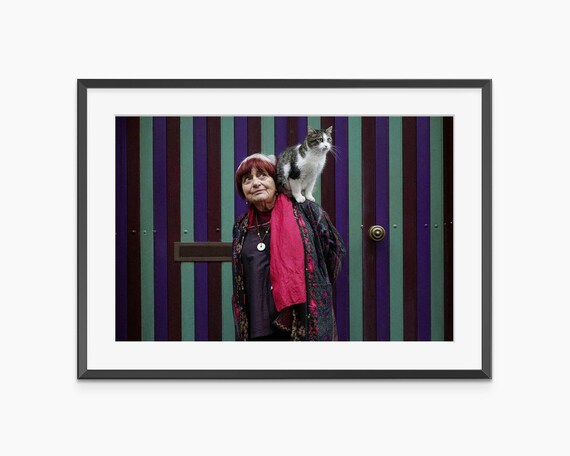 Agnes Varda Portrait with Cat Before Colorful Striped Doors Photo Poster