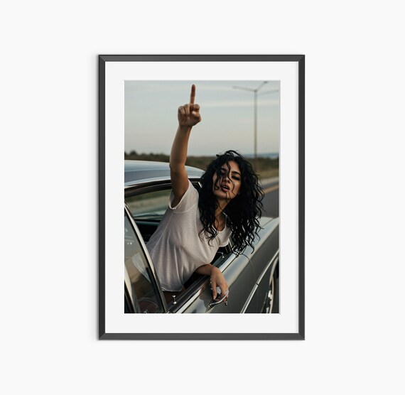 Woman Flipping Middle Finger From Vintage Car Window Retro Rebel Fashion Poster