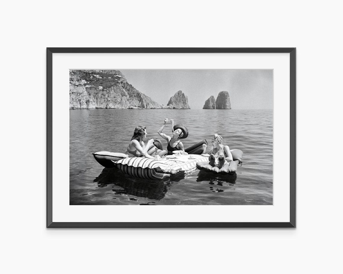 Three Women Eating Pasta On Floats Retro Summer Seaside Wall Art