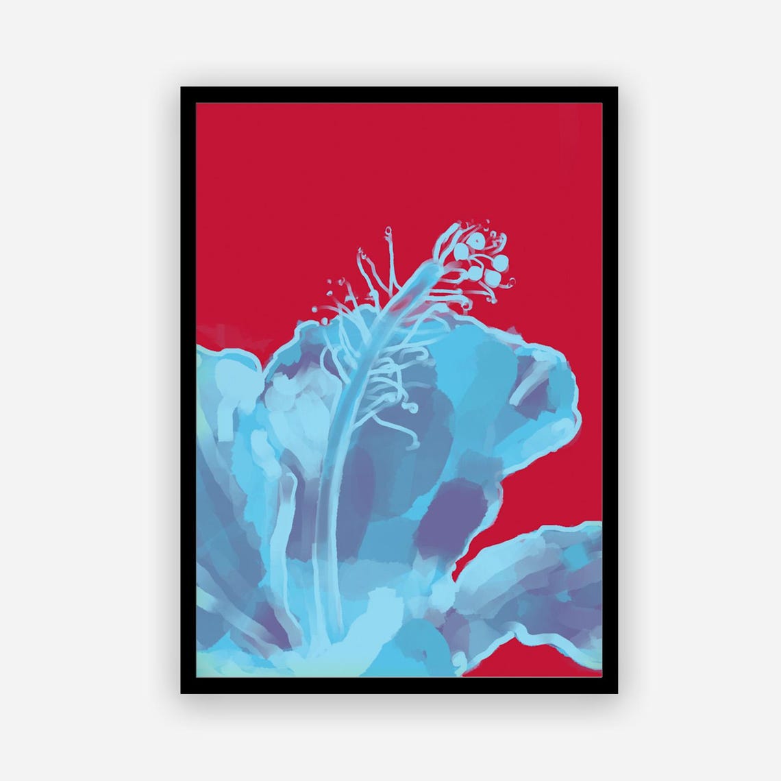 Blue Hibiscus Poster Bold Red Background Modern Botanical Print Large Wall Art Minimalist Floral Decor Abstract Flower Art - Image 4