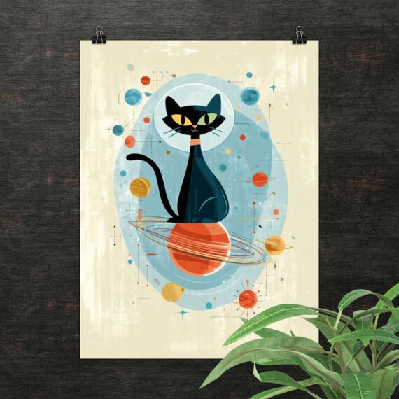 Atomic Space Cat Astronaut Retro Midcentury Planets Cosmic Poster