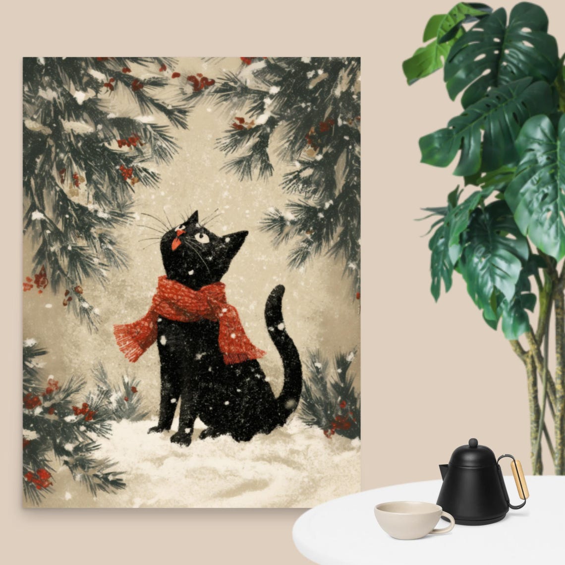 Cozy Black Cat In Red Scarf Snowy Pine Forest Winter Scene Poster