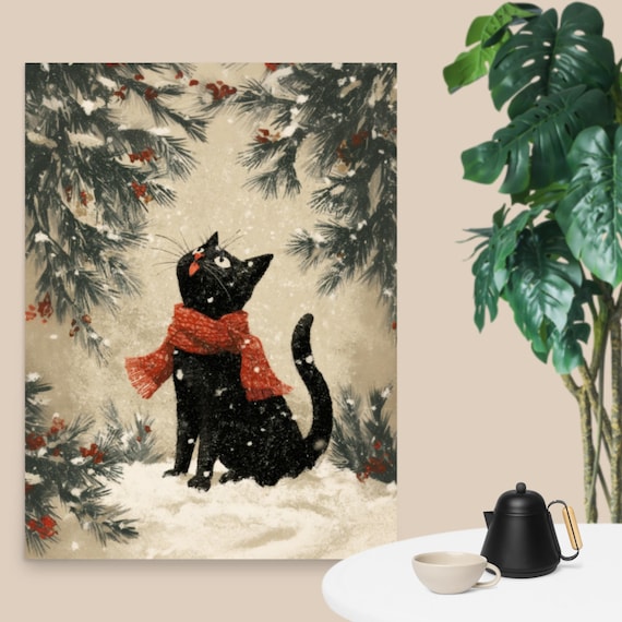 Cozy Black Cat In Red Scarf Snowy Pine Forest Winter Scene Poster