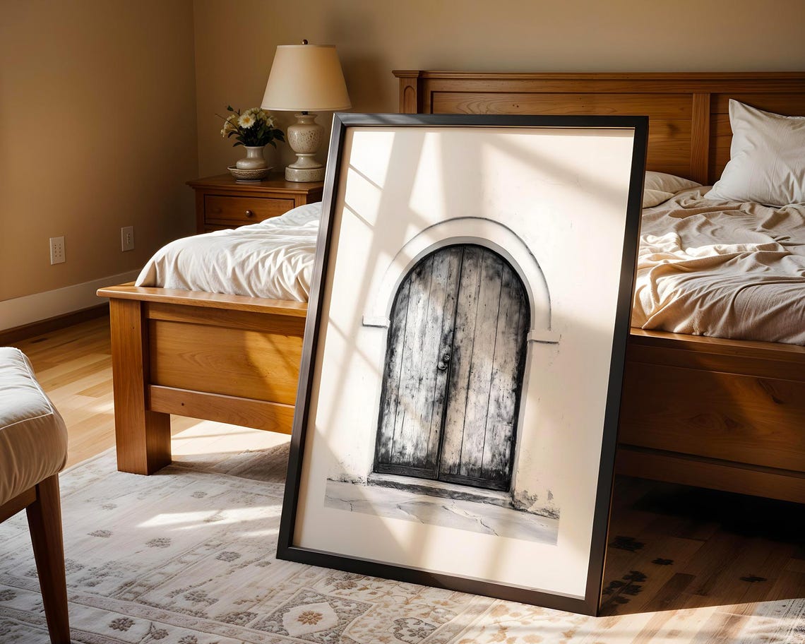 Rustic Arched Wooden Door Black White Vintage Entryway Wall Poster - Image 5