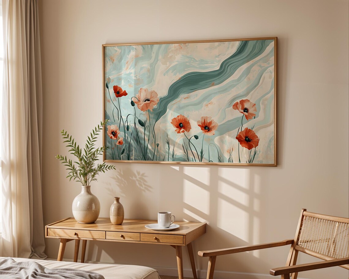 Coral Poppies Teal Marble Waves Modern Botanical Floral Wall Art - Image 5
