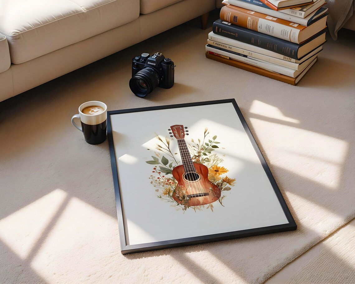 Acoustic Guitar Watercolor Boho Floral Botanical Music Art Poster - Image 6