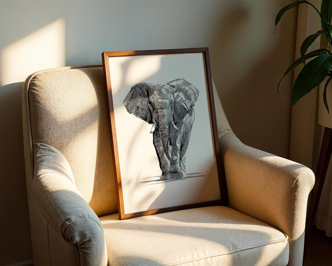 Elephant Ink Sketch Line Art Simple Animal Illustration Draw Trendy Poster Wall Print Modern Home Decor Gift - Image 2