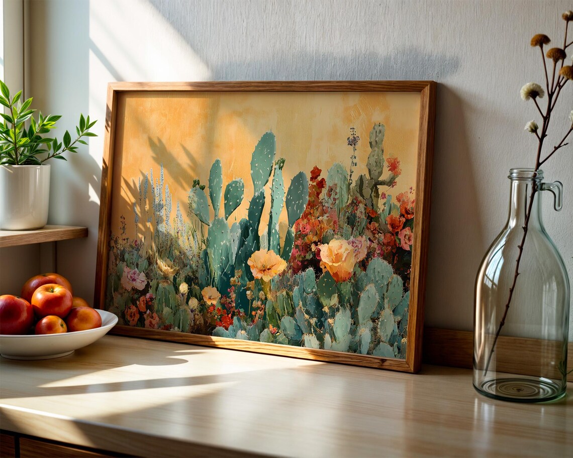 Teal Cactus Garden Gold Background Botanical Desert Floral Poster - Image 2