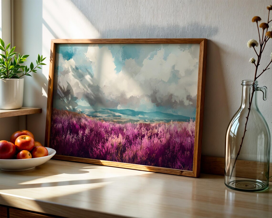 Purple Heather Field Cloudy Sky Landscape Oil Painting Poster - Image 3