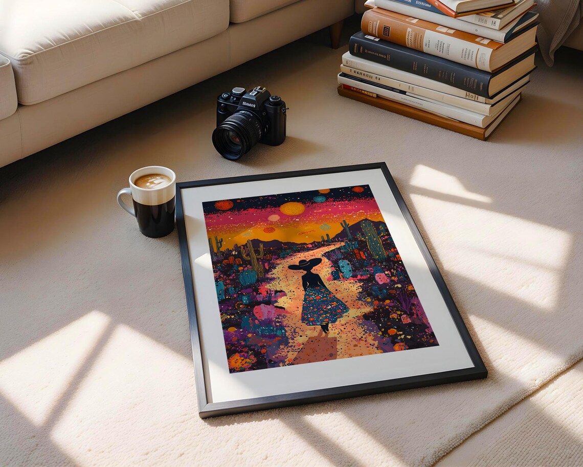 Whimsical Desert Sunset Woman Silhouette Cacti Colorful Sky Wall Art - Image 3