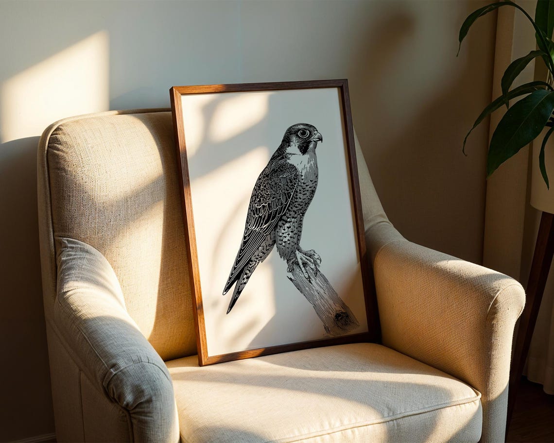 Falcon Perched Branch Black White Engraving Style Bird Poster - Image 2