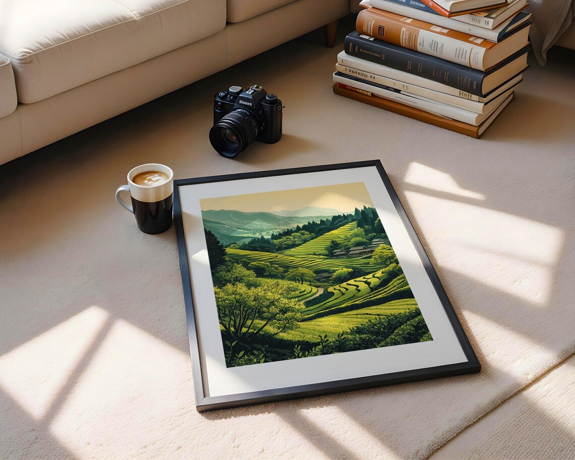 Lush Green Rice Terraces Sunny Valley Farmhouses Landscape Poster - Image 5