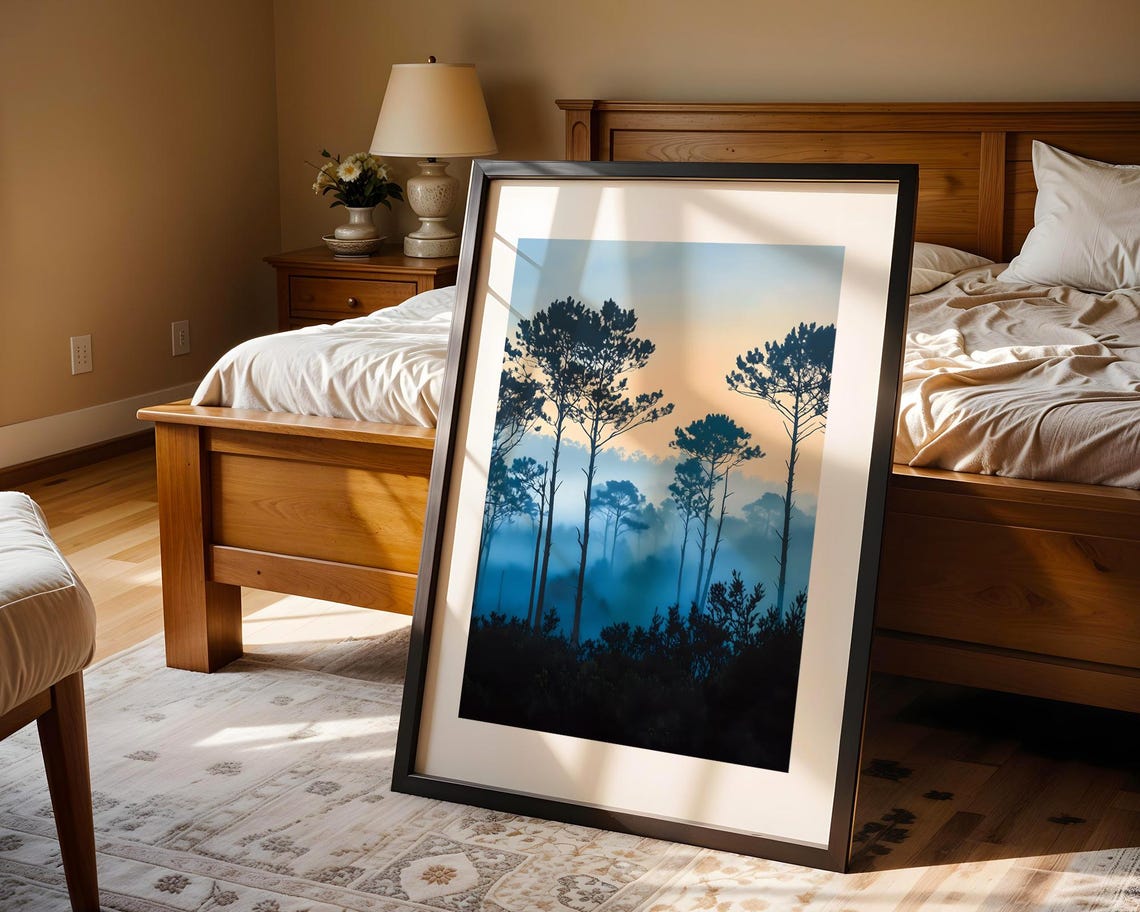 Blue Pine Forest Morning Mist Silhouette Trees Landscape Print - Image 4