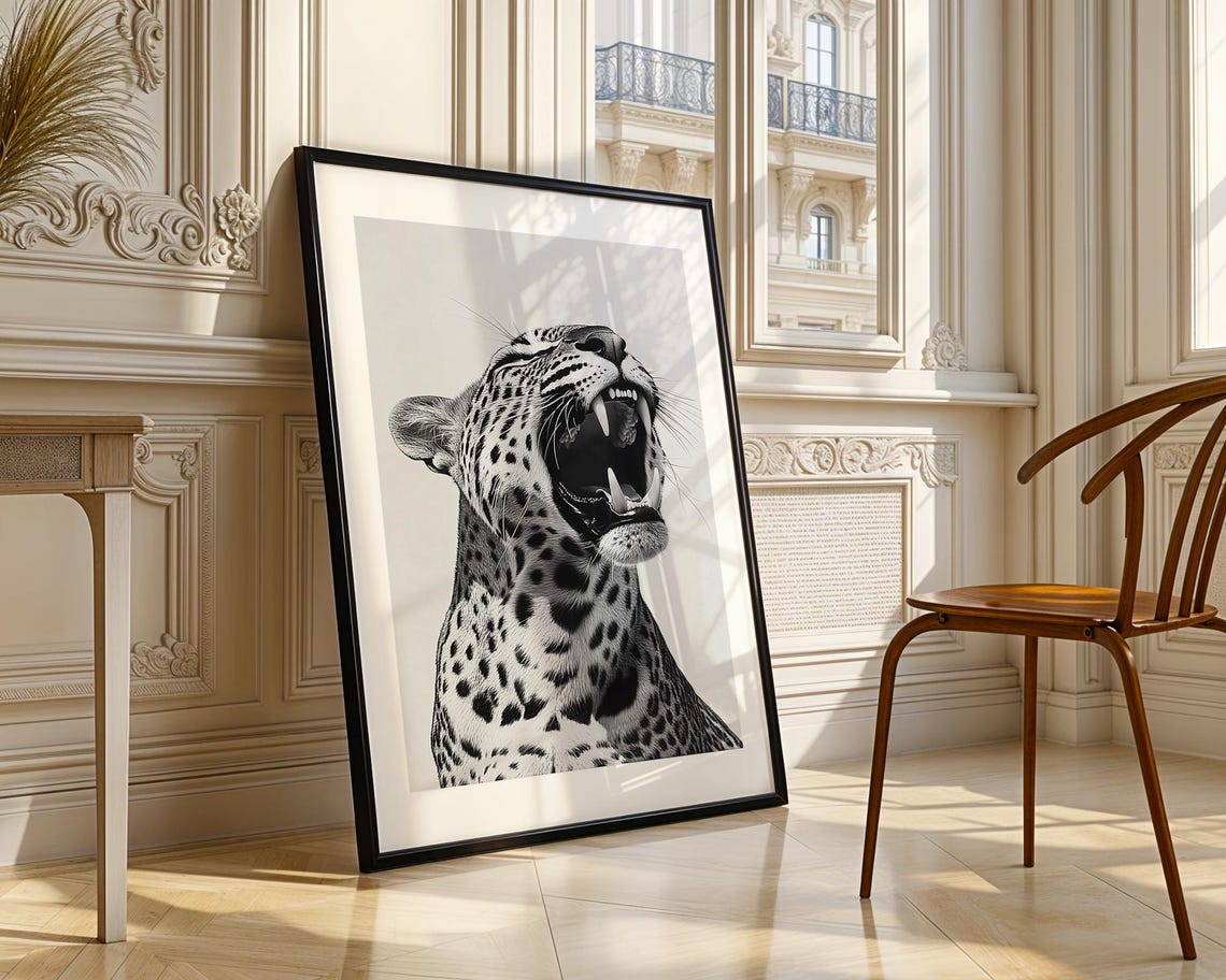 Roaring Leopard Big Cat Monochrome Ink Sketch Artwork Poster - Image 4