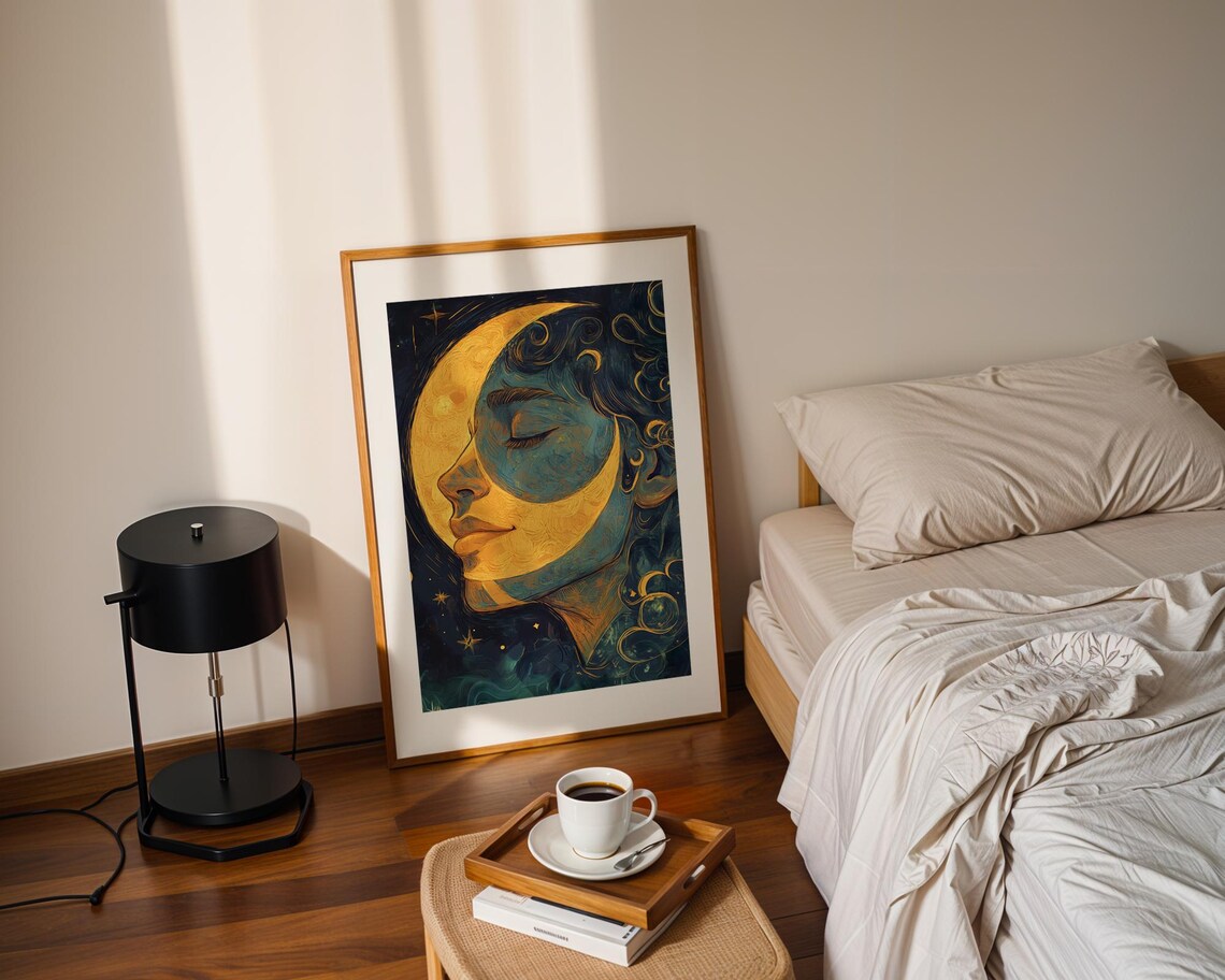 Crescent Moon Woman Face Gold Teal Celestial Dream Art Poster - Image 2