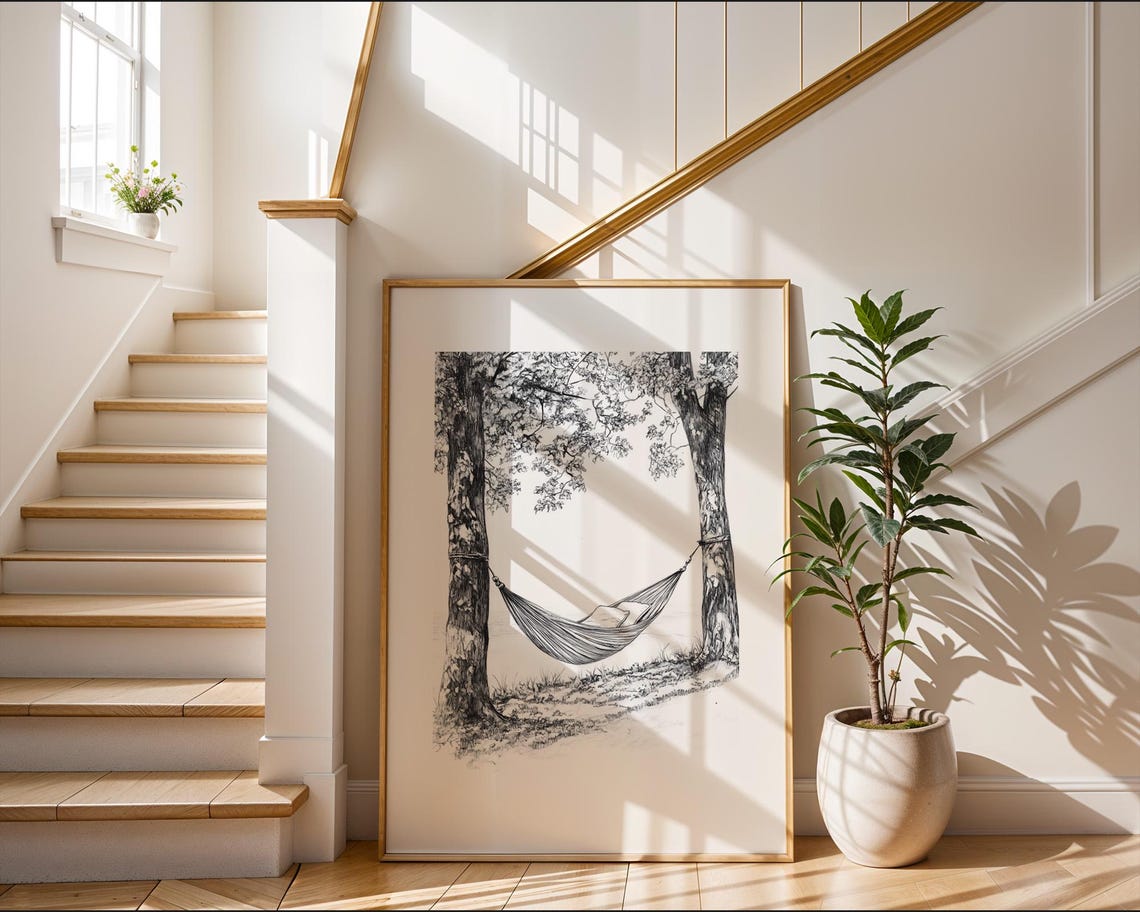 Hammock Between Two Trees Monochrome Sketch Relaxing Nature Art Poster - Image 2