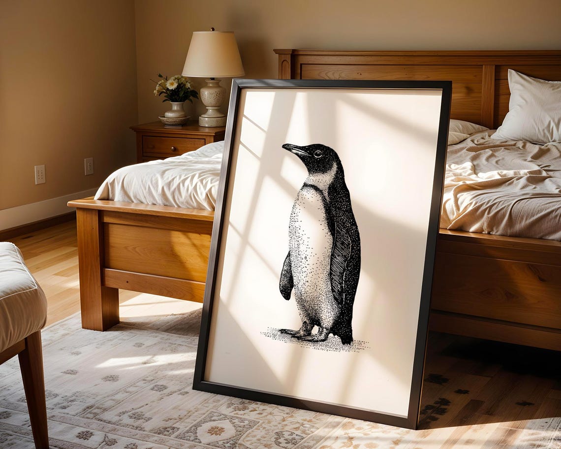 Penguin Vintage Engraving Black White Bird Illustration Poster - Image 5