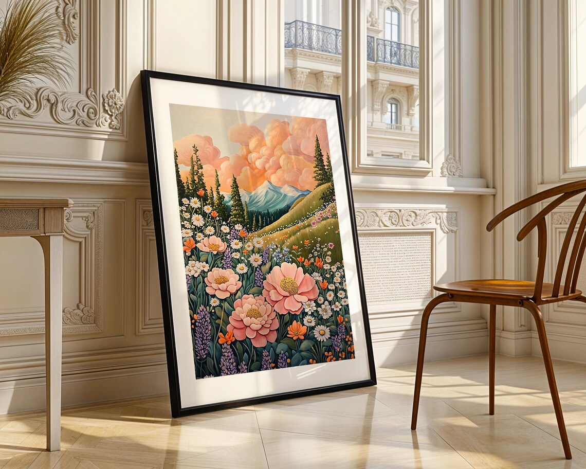 Colorful Alpine Wildflower Meadow Painting Poster with Sunset Clouds - Image 3