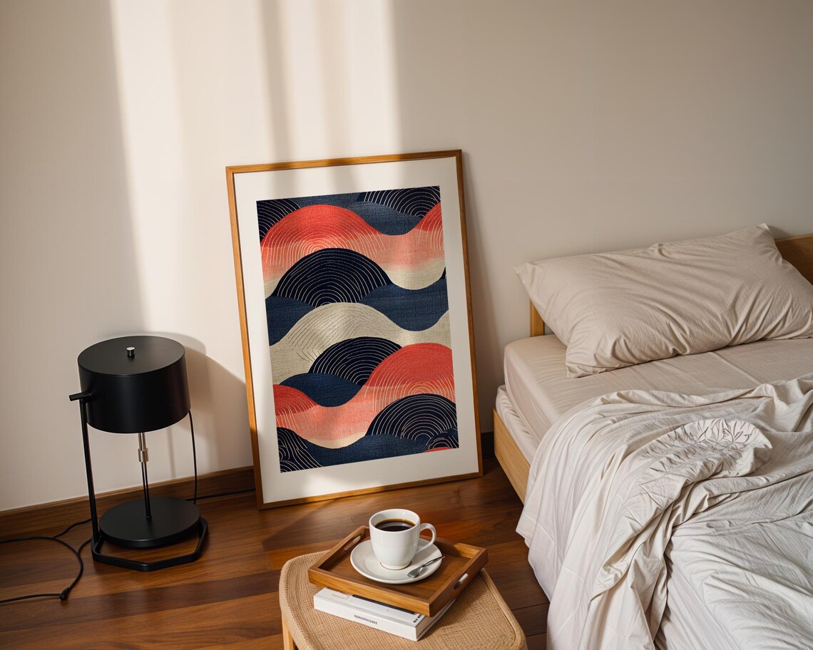 Contemporary Abstract Curved Wave Shapes Red Navy Cream Poster - Image 2