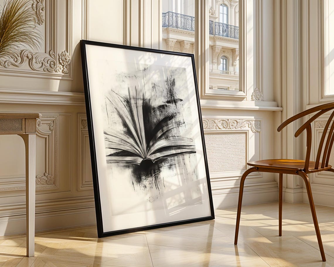 Magical Open Book With Flying Pages Black Charcoal Abstract Poster - Image 4