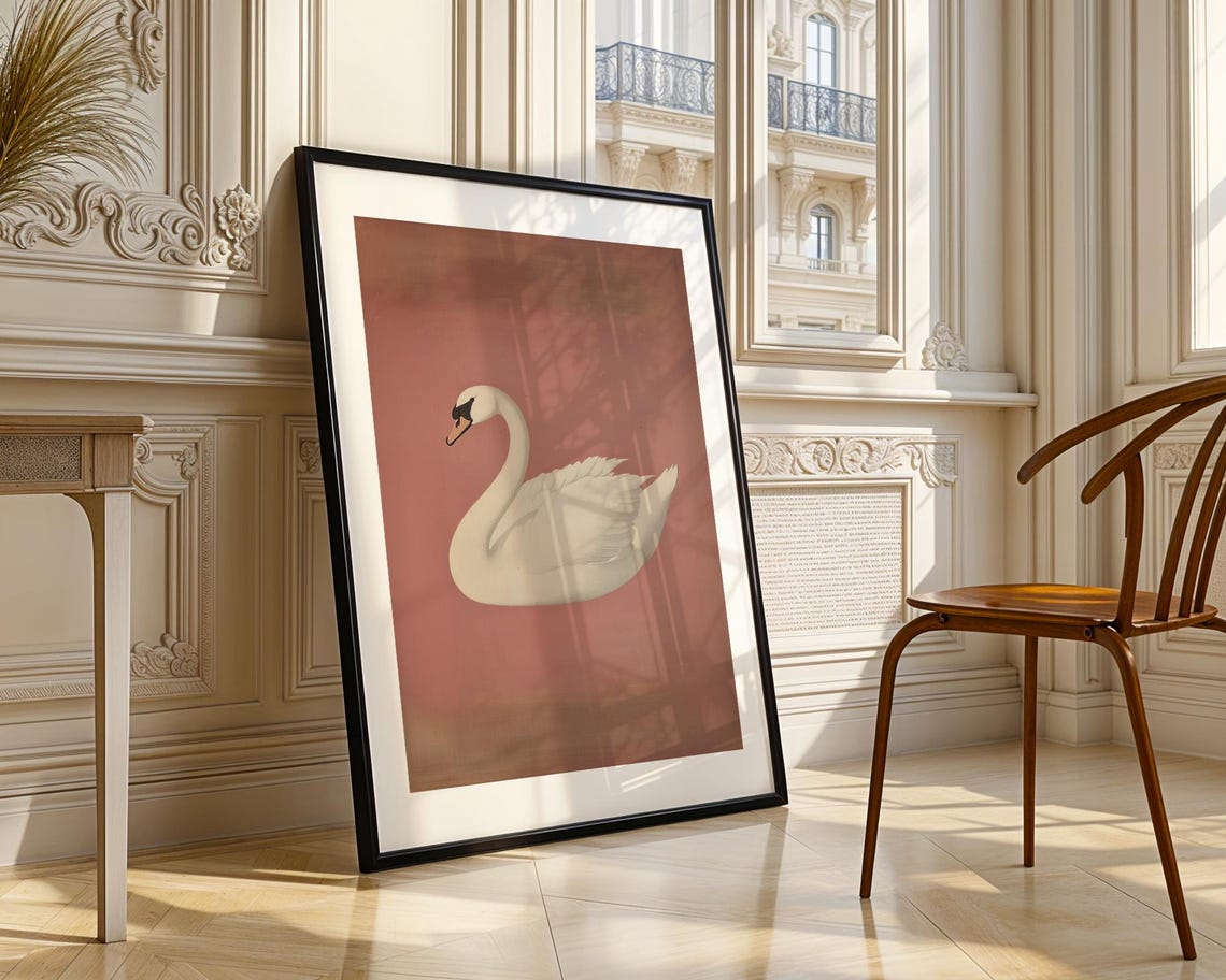 Vintage White Swan Dusty Rose Background Bird Painting Poster - Image 3