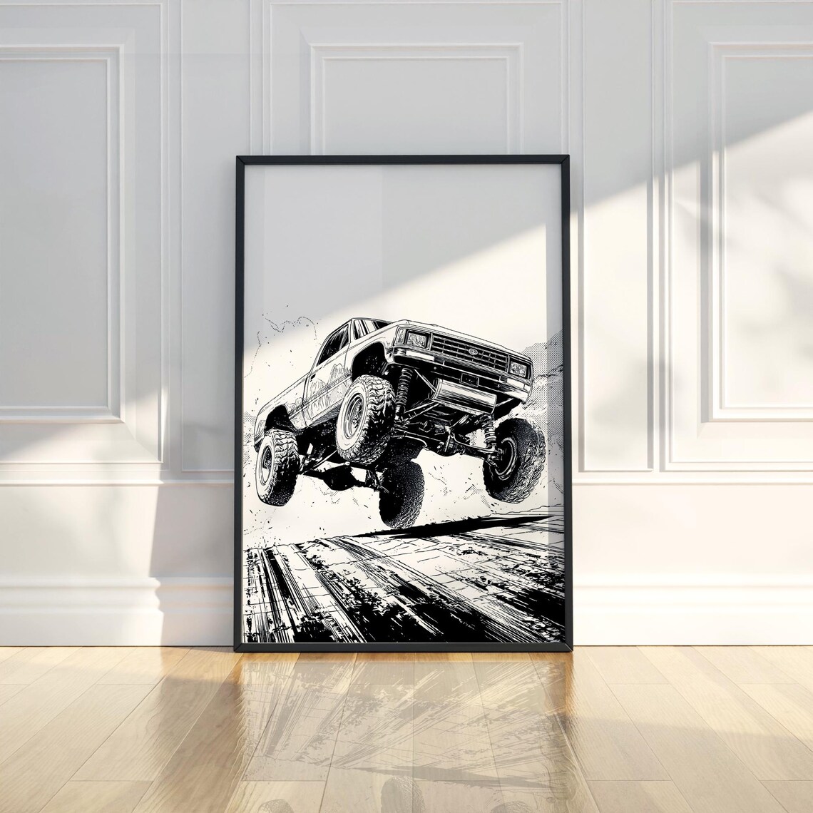 Lifted Off Road Truck Jump Halftone Sketch Automotive Poster