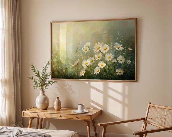 Daisy Meadow In Morning Light Watercolor Wall Art Summer Floral Poster Living Room Office Bedroom Nursery Decor