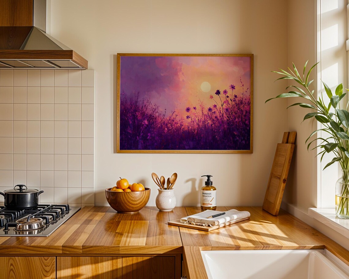 Purple Wildflower Field Sunset Moon Abstract Landscape Poster - Image 2