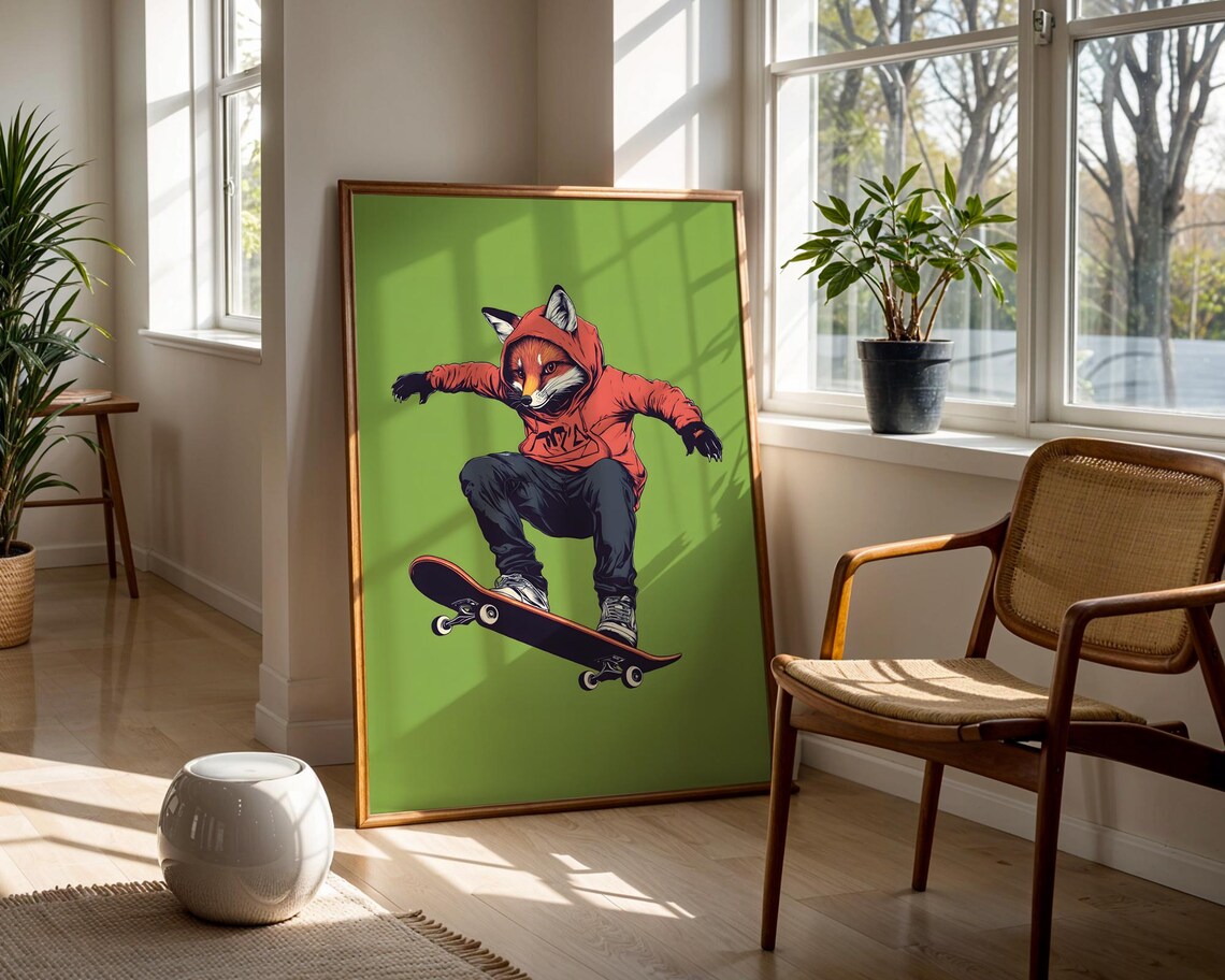 Skateboarding Fox Red Hoodie Kickflip Trick Fresh Green Skater Poster - Image 3
