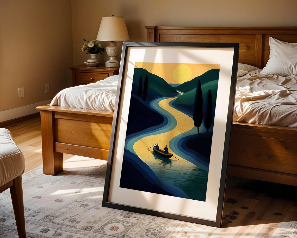 Golden Sunset River Rowboat Dark Hills Cypress Minimalist Poster - Image 4