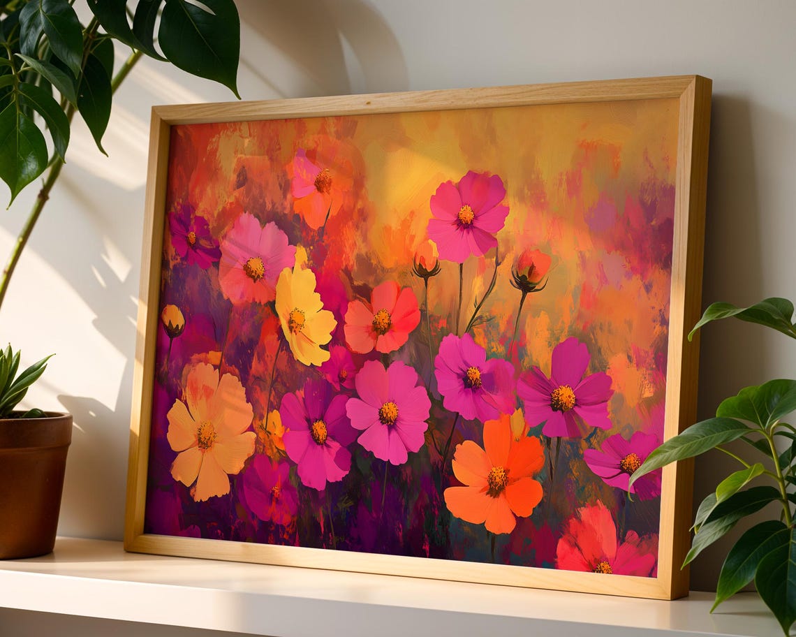 Vibrant Cosmos Flowers Pink Orange Yellow Bold Floral Art Poster - Image 5