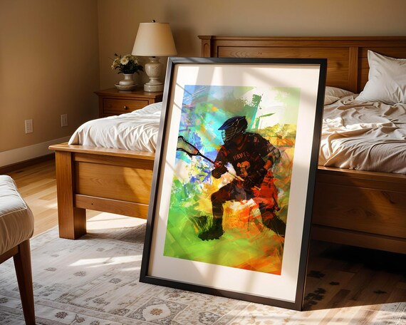Colorful Lacrosse Player Number 13 Hawks Watercolor Sports Print